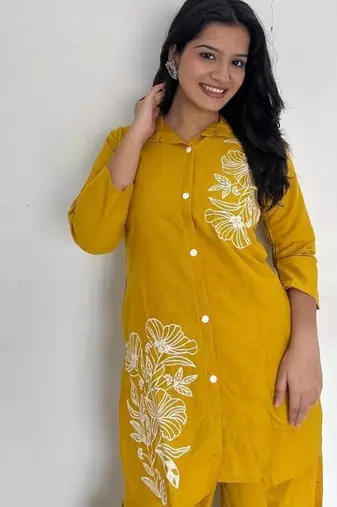 Floral printed yellow round neck  cotton co-ord set