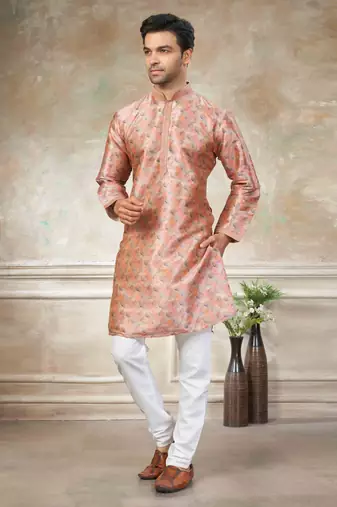 peach colour cotton with embroidery work kurta payjama menswear collections