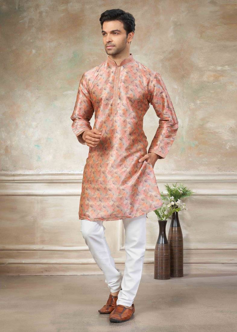 peach colour cotton with embroidery work kurta payjama menswear collections