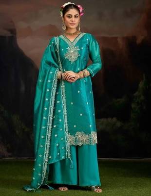 Teal embroidery silk semi-stitch palazzo style salwar suit with detailed work dupatta 1
