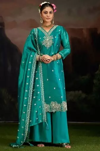 Teal embroidery silk semi-stitch palazzo style salwar suit with detailed work dupatta