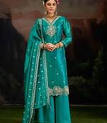 Teal embroidery silk semi-stitch palazzo style salwar suit with detailed work dupatta