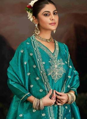 Teal embroidery silk semi-stitch palazzo style salwar suit with detailed work dupatta 2