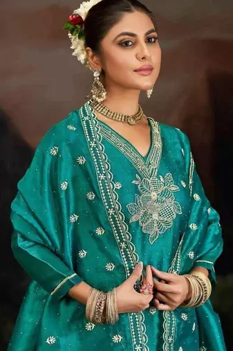 Teal embroidery silk semi-stitch palazzo style salwar suit with detailed work dupatta