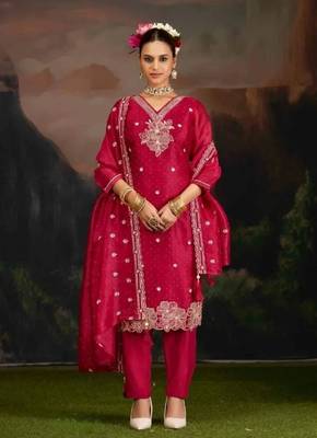 Dark-pink embroidery silk semi-stitch pant style salwar suit with detailed work dupatta 1