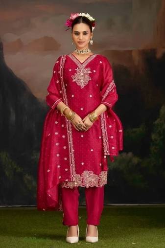 Dark-pink embroidery silk semi-stitch pant style salwar suit with detailed work dupatta
