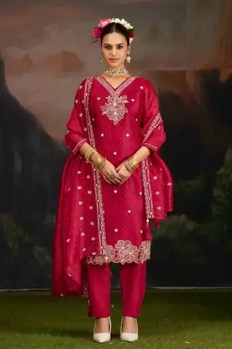 Dark-pink embroidery silk semi-stitch pant style salwar suit with detailed work dupatta