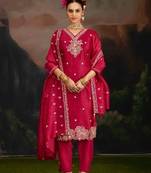 Dark-pink embroidery silk semi-stitch pant style salwar suit with detailed work dupatta
