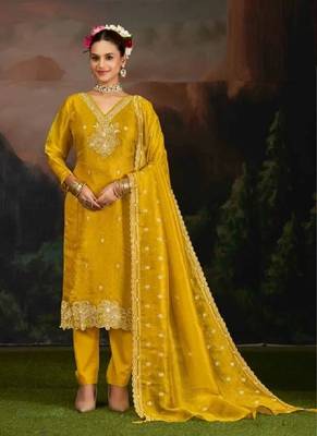 Yellow embroidery silk semi-stitch pant style salwar suit with detailed work dupatta 1