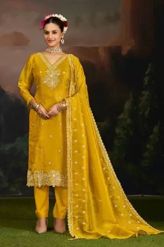 Yellow embroidery silk semi-stitch pant style salwar suit with detailed work dupatta
