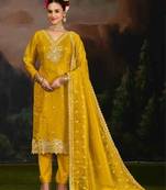 Yellow embroidery silk semi-stitch pant style salwar suit with detailed work dupatta