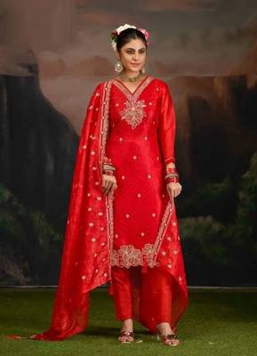 Orange embroidery silk semi-stitch pant style salwar suit with detailed work dupatta 1