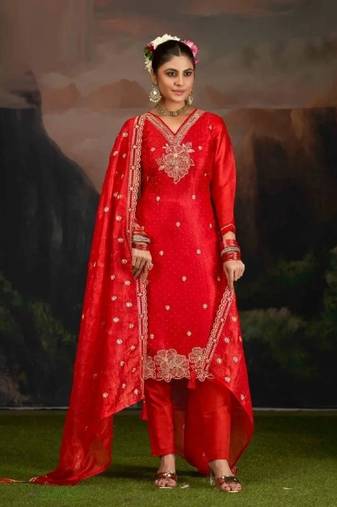 Orange embroidery silk semi-stitch pant style salwar suit with detailed work dupatta