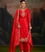 Orange embroidery silk semi-stitch pant style salwar suit with detailed work dupatta