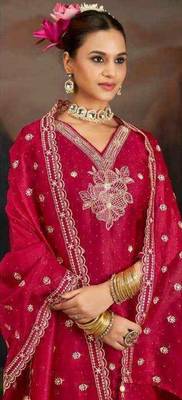 Dark-pink embroidery silk semi-stitch pant style salwar suit with detailed work dupatta 2