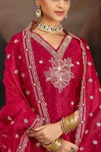 Dark-pink embroidery silk semi-stitch pant style salwar suit with detailed work dupatta