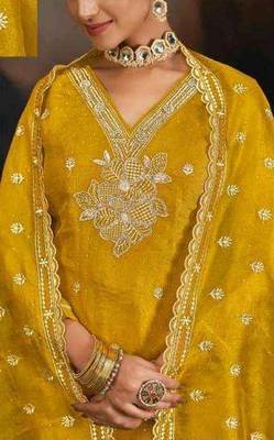 Yellow embroidery silk semi-stitch pant style salwar suit with detailed work dupatta 2
