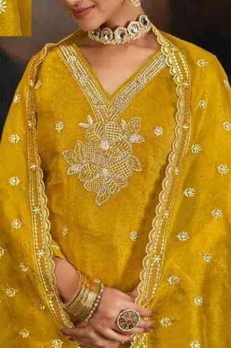 Yellow embroidery silk semi-stitch pant style salwar suit with detailed work dupatta