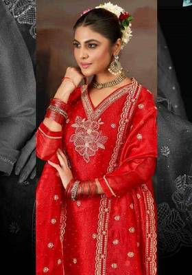 Orange embroidery silk semi-stitch pant style salwar suit with detailed work dupatta 2