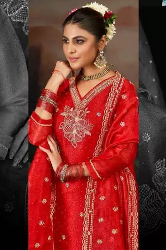 Orange embroidery silk semi-stitch pant style salwar suit with detailed work dupatta