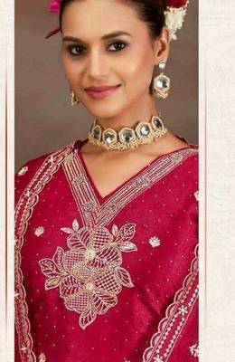 Dark-pink embroidery silk semi-stitch pant style salwar suit with detailed work dupatta 3