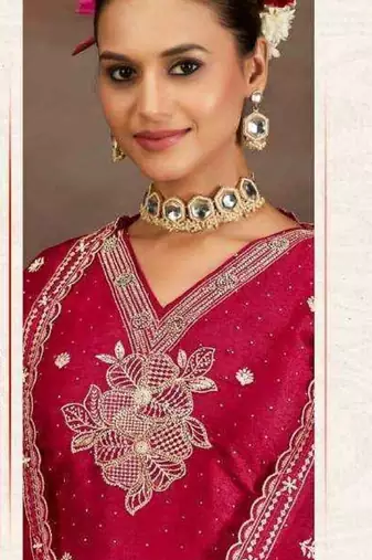 Dark-pink embroidery silk semi-stitch pant style salwar suit with detailed work dupatta