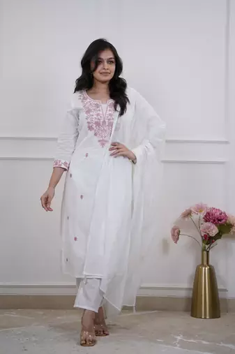White color pv chanderi fabric embroidery work readymade salwar suit