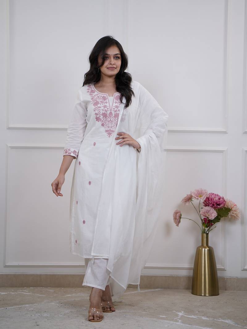 White color pv chanderi fabric embroidery work readymade salwar suit