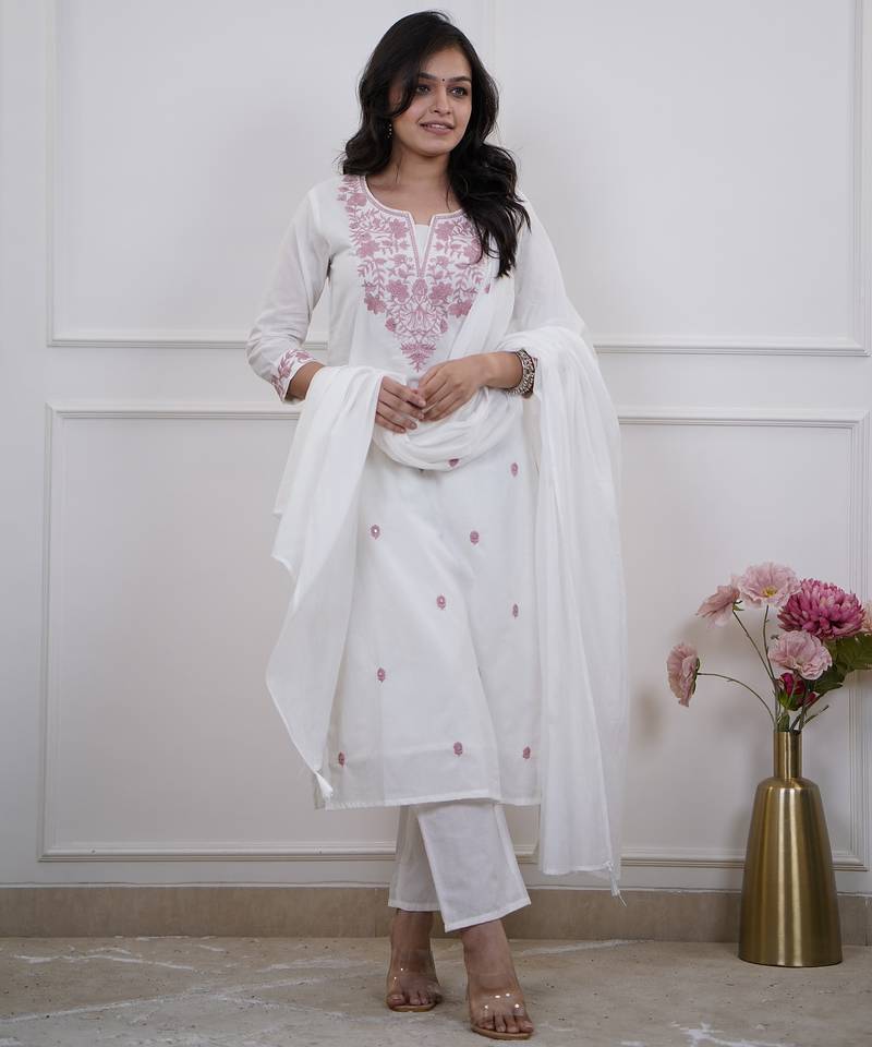 White color pv chanderi fabric embroidery work readymade salwar suit
