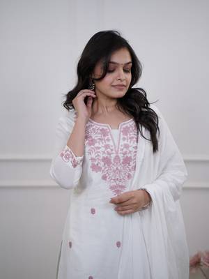 White color pv chanderi fabric embroidery work readymade salwar suit 4
