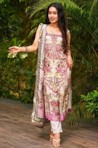 Cream color french crepe fabric designer printed readymade salwar suit