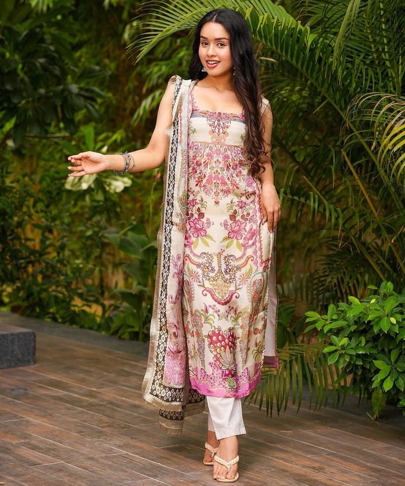 Cream color french crepe fabric designer printed readymade salwar suit