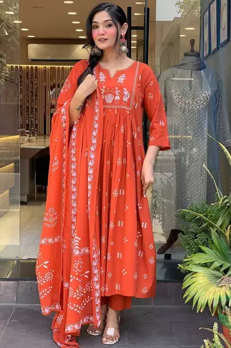 Orange color cotton fabric embroidery work with printed readymade salwar suit