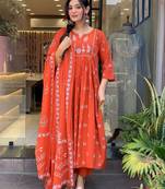 Orange color cotton fabric embroidery work with printed readymade salwar suit