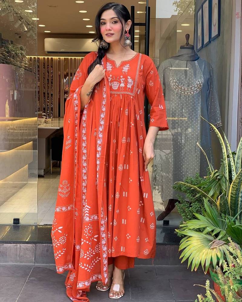 Orange color cotton fabric embroidery work with printed readymade salwar suit