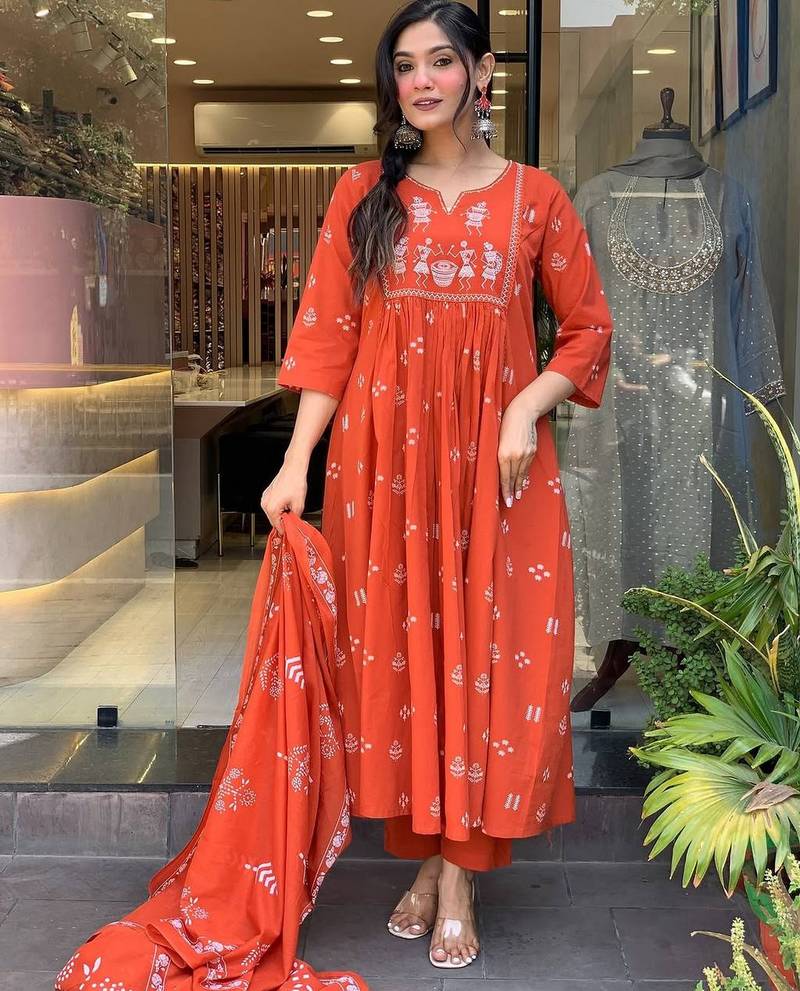 Orange color cotton fabric embroidery work with printed readymade salwar suit