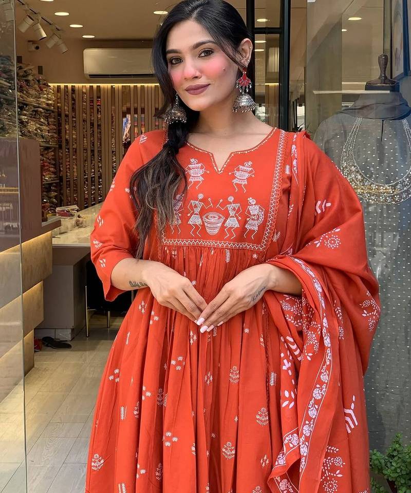 Orange color cotton fabric embroidery work with printed readymade salwar suit