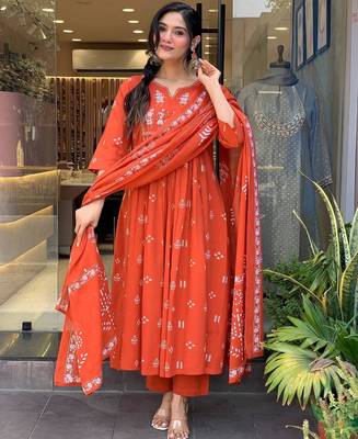 Orange color cotton fabric embroidery work with printed readymade salwar suit 4