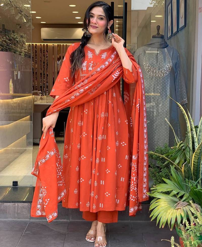 Orange color cotton fabric embroidery work with printed readymade salwar suit