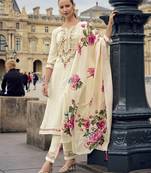 Cream color viscose jacquard fabric embroidery work with printed readymade salwar suit