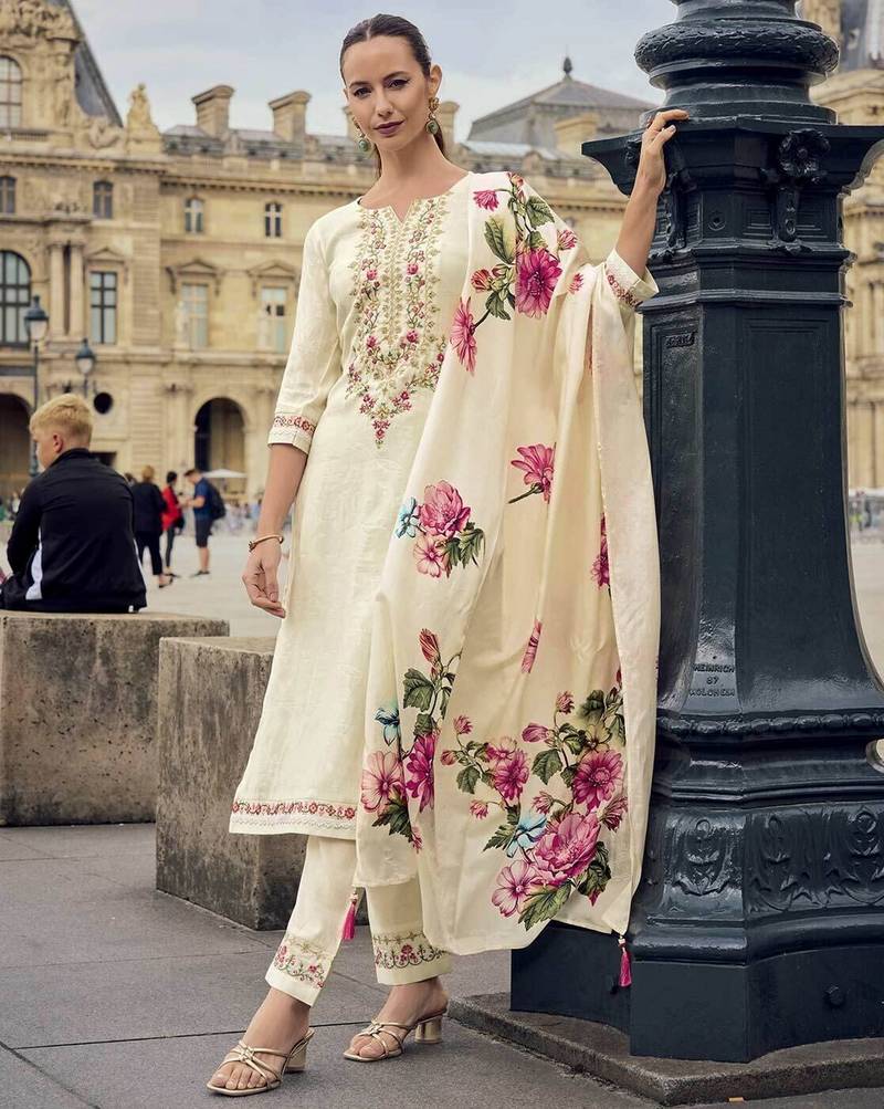 Cream color viscose jacquard fabric embroidery work with printed readymade salwar suit