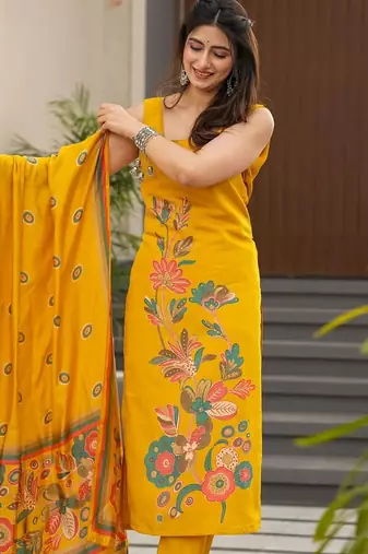 Yellow color silk   fabric designer printed readymade salwar suit