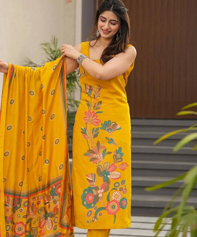 Yellow color silk   fabric designer printed readymade salwar suit