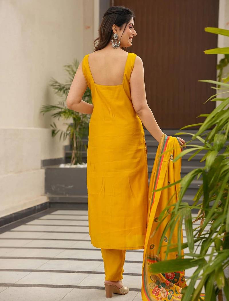 Yellow color silk   fabric designer printed readymade salwar suit