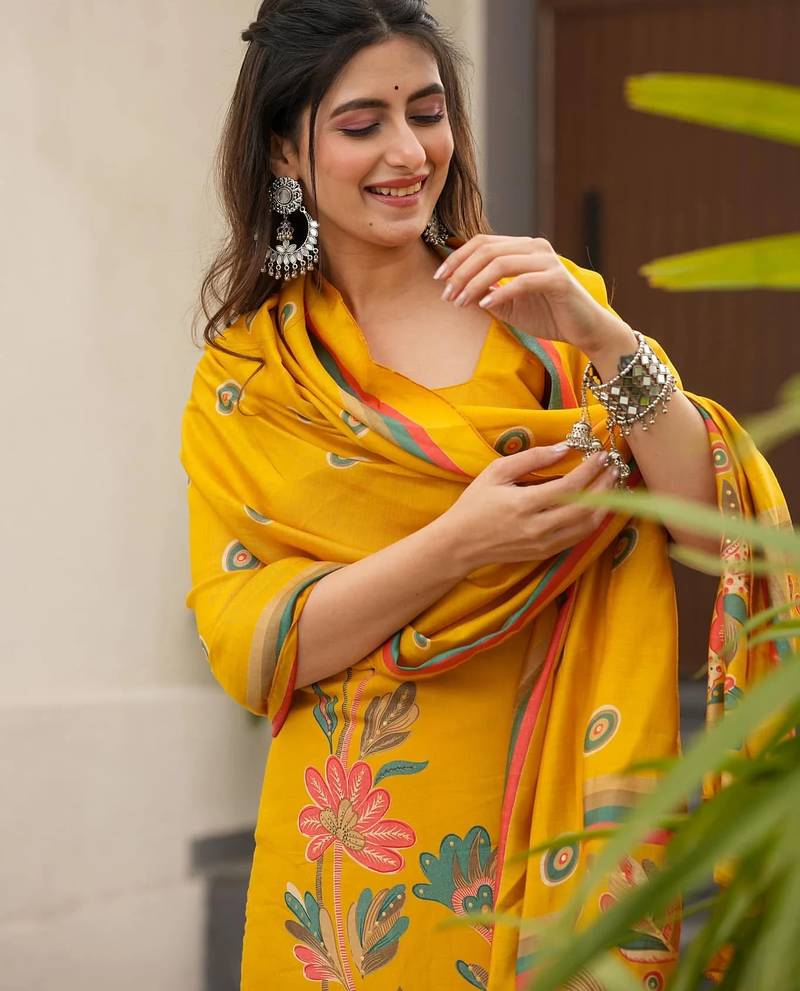 Yellow color silk   fabric designer printed readymade salwar suit