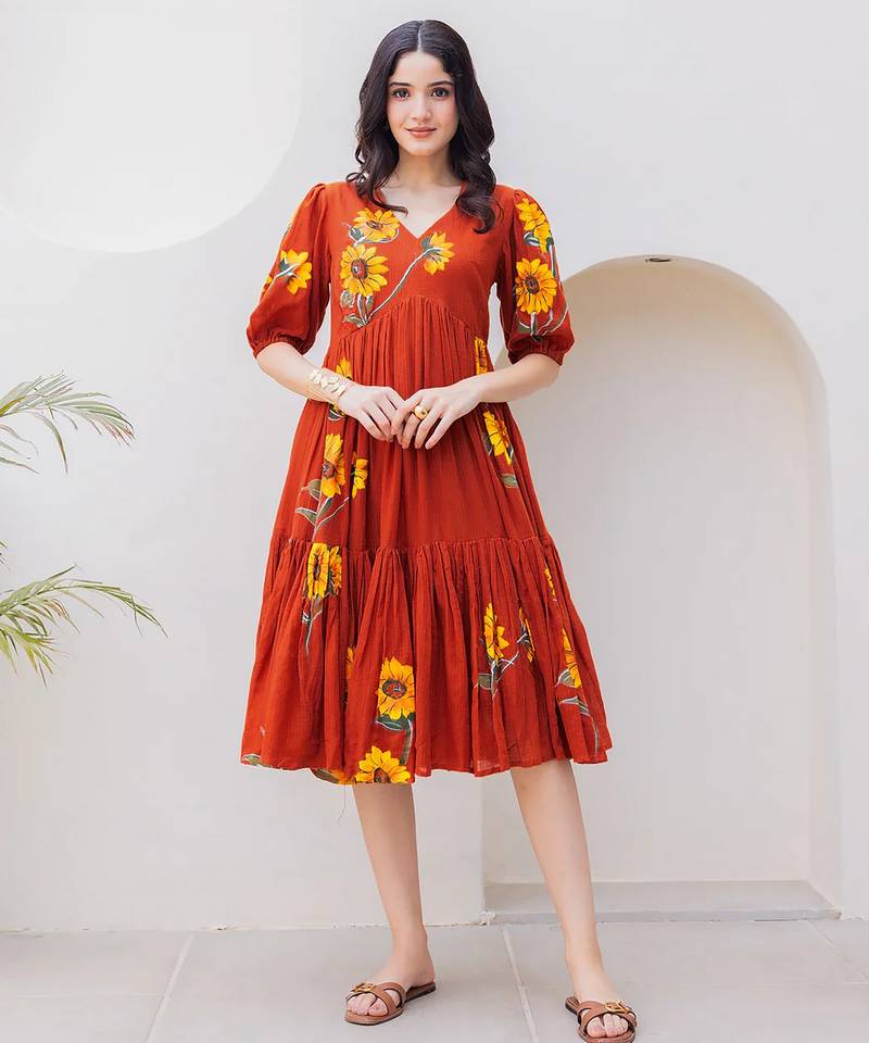 Rust color designer digital printed kota checks fabric girlie sophesticated rich looks kurti