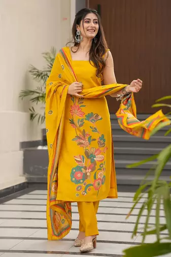 Yellow color silk printed readymade salwar suit