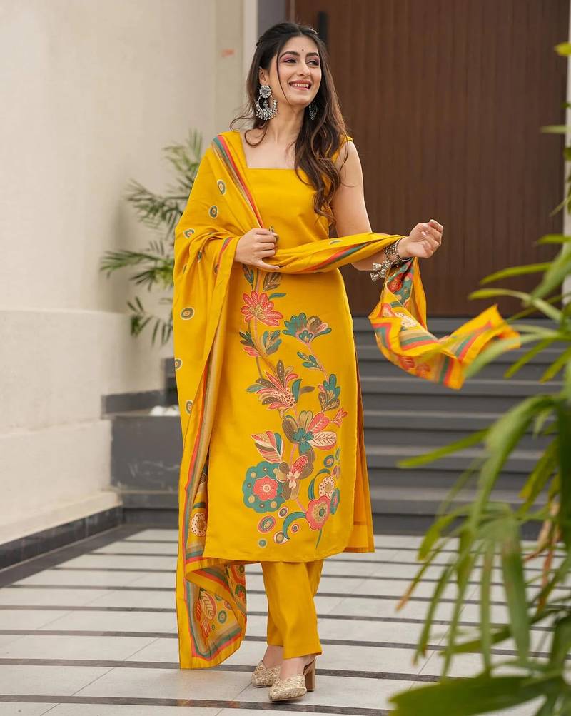 Yellow color silk   fabric designer printed readymade salwar suit