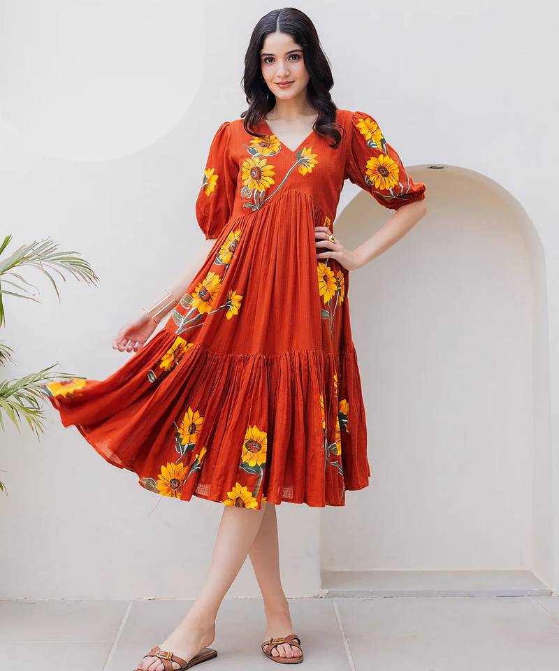 Rust color designer digital printed kota checks fabric girlie sophesticated rich looks kurti