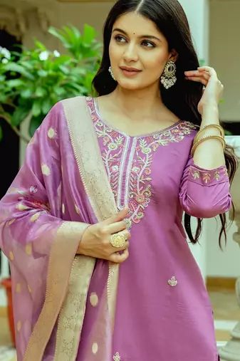 Pink color viscosee chanderi embroidery with printed readymade salwar suit